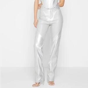 Maniere De Voir Vegan Leather Metallic Silver Trouser Pants Size 4-6‎ Edgy Chic